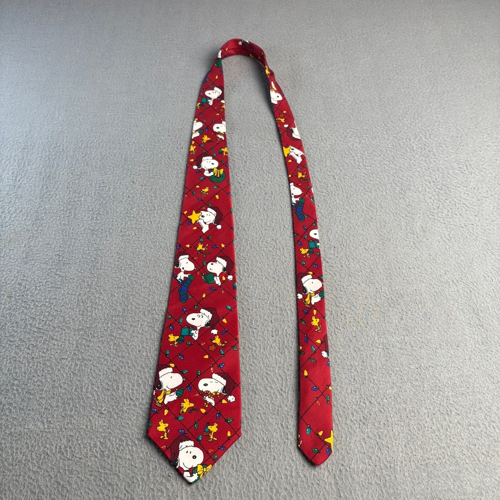 Vintage Peanuts Snoopy Woodstock Christmas Silk Tie Red Deck The Halls USA Made